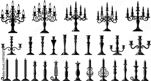 Set of vintage candelabra and classic candlestick silhouettes with burning candles, elegant antique decorative collection vector illustration isolated on a white backgroundSet