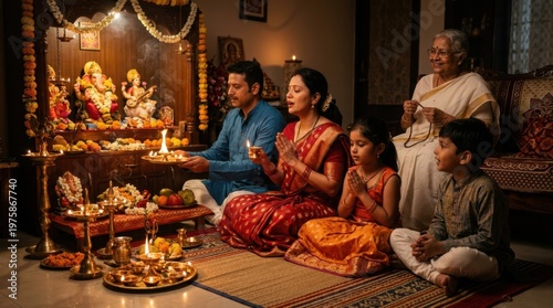 Indian family performing traditional puja ceremony at home