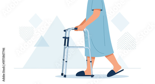 Elderly person with walker in hospital gown, recovering from surgery, physical therapy