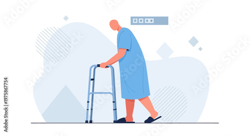 Elderly person with walker, recovery and rehabilitation, medical assistance