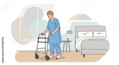 Elderly person with walker in bedroom, assisted living, recovery, rehabilitation