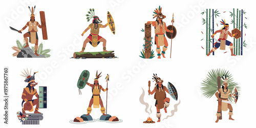 Collection of Indigenous Tribal Warriors in Traditional Ceremonial Attire with Weapons, Shields, and Animal Masks in Various Cultural Settings