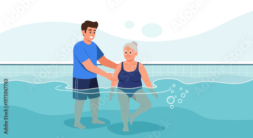 Elderly Woman Receives Water Therapy From Male Nurse In Swimming Pool