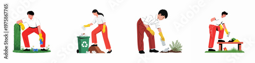 Set of illustrations depicting diverse volunteers cleaning up trash, recycling waste, and protecting the environment in various outdoor park settings.