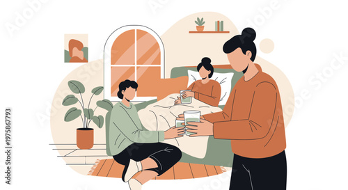 Family caring for sick person at home, offering water, comfort, and support