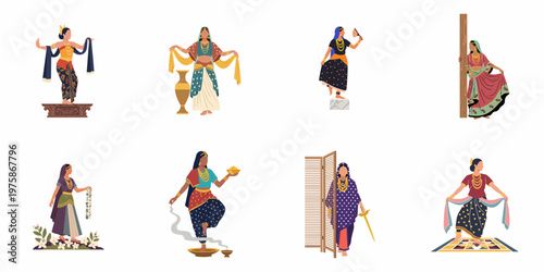 A collection of eight illustrations depicting Indian women in traditional attire performing various cultural, ritualistic, and daily activities.