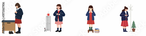 Collection of schoolgirls in uniforms getting ready for school, featuring cardigans, skirts, and indoor elements like radiators, books, and house plants.