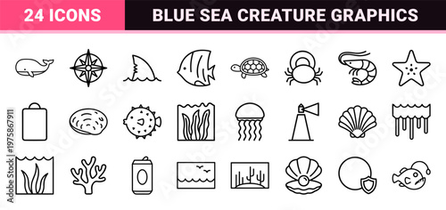 Minimalist ocean life and sea creatures line icon set