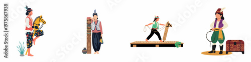 Flat vector illustrations of children in traditional Indonesian Javanese attire, performing cultural dances and showcasing various ethnic folk elements.