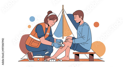 First Aid Care: Medic Tending to Injured Person's Leg Wound in Tent