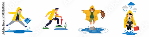 Collection of illustrations featuring boys and a businessman in yellow raincoats splashing and jumping over puddles during a rainy day.