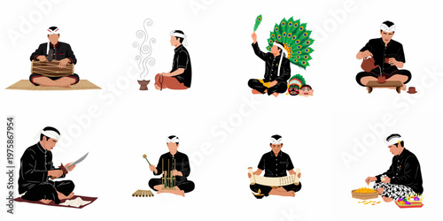 Set of Balinese Man Illustrations Performing Traditional Cultural Activities and Rituals in Traditional Dress