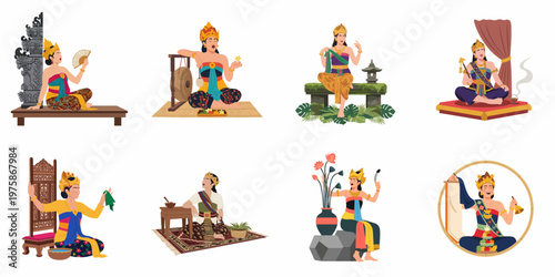 Set of vector illustrations depicting Balinese women in traditional attire engaged in cultural rituals, spiritual practices, and daily life in Bali, Indonesia.
