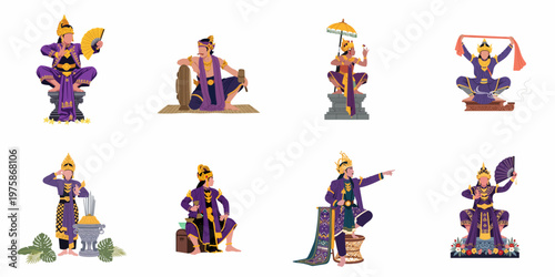 Set of Balinese Traditional Dancers and Performers in Purple and Gold Costumes, Illustrating Diverse Cultural Rituals and Artistic Expressions on White Background