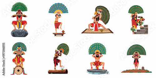 Set of traditional Reog Ponorogo dancers illustrations from East Java Indonesia in various performing poses featuring masks with peacock feathers and tiger heads.