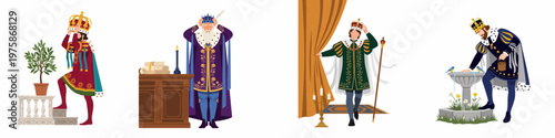 Collection of Four Royal King Illustrations in Ornate Traditional Costumes, Showing Rulers in Various Daily Activities and Settings