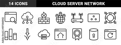 Web hosting and cloud server infrastructure icon set in minimalist line art.