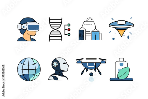 Futuristic Technology & Sustainability Icon Set. Clean flat design with modern blue accents. perfect for apps, UI, startups and innovation projects.
