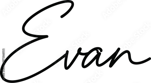 A stylish black signature of the name Evan on a white background