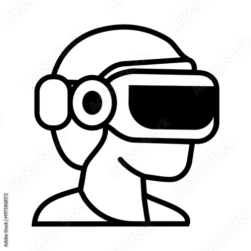 VR Headset Line Icon. Outline icon of a person wearing a VR headset, representing immersive environments, virtual interaction and advanced digital technology.