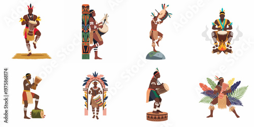 Collection of illustrations featuring indigenous people in traditional attire playing djembe drums and performing ritual dances in various cultural settings.