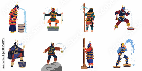 Collection of Japanese Mythical Figures in Traditional Costumes with Bells, Masked Oni Performing Rituals and Spitting Water in a Flat Illustration Style