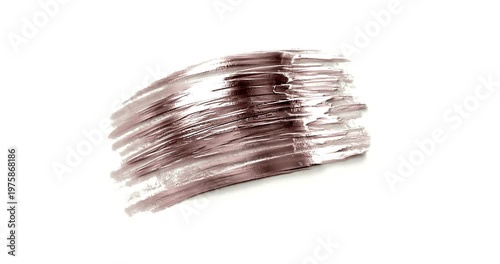 Animated liquid eyeshadow swatch on white background, 3D textured metallic taupe paint stroke, beauty product motion graphics element