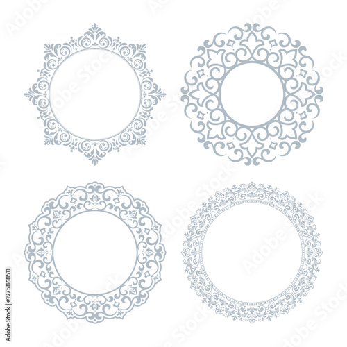 Set of decorative frames Elegant vector element for design in Eastern style, place for text. Floral gray and white frames. Lace illustration for invitations and greeting cards