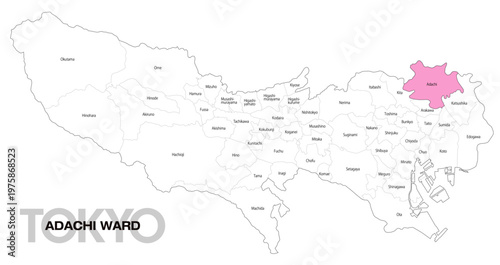 [日本地図] 東京都足立区の市区町村名入り位置地図 (英語)