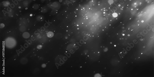 A magical winter night design featuring glowing snowflakes and star particles falling like raindrops on a window against a dark blue holiday sky texture