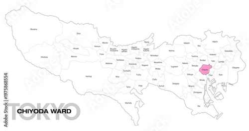 [日本地図] 東京都千代田区の市区町村名入り位置地図 (英語)