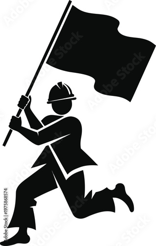 Black silhouette of a worker running with a flag in hand strongly