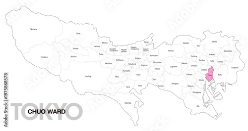 [日本地図] 東京都中央区の市区町村名入り位置地図 (英語)