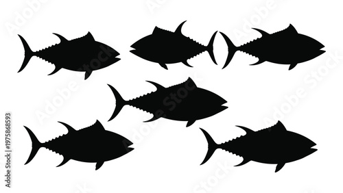 A silhouette illustration depicts a school of tuna swimming in a unified direction