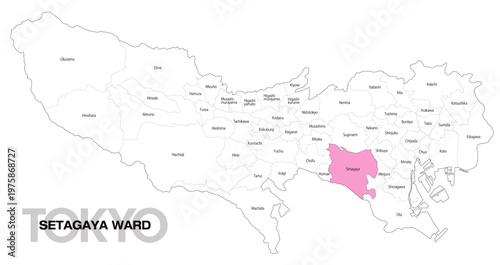 [日本地図] 東京都世田谷区の市区町村名入り位置地図 (英語)