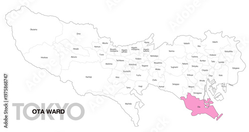 [日本地図] 東京都大田区の市区町村名入り位置地図 (英語)