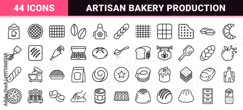 Minimalist linear bakery icons set for bread, pastry, and dessert preparation.