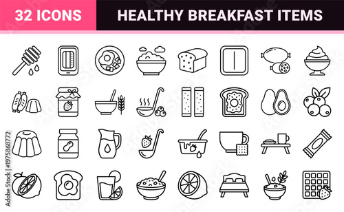 Minimalist breakfast and healthy food outline icon set