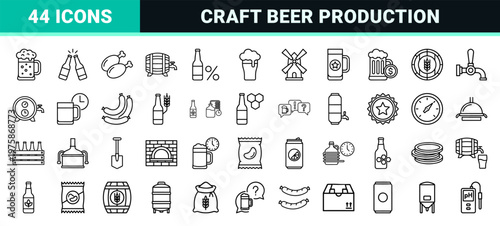 Craft beer and brewery minimalist outline icon set