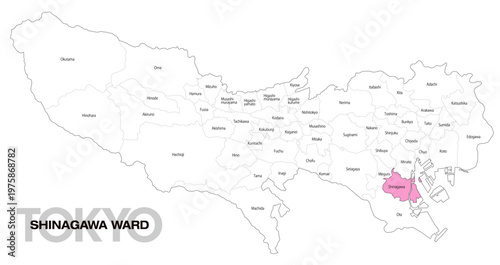 [日本地図] 東京都品川区の市区町村名入り位置地図 (英語)