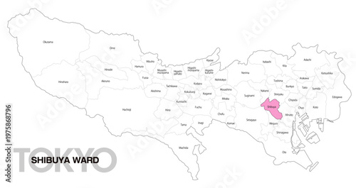 [日本地図] 東京都渋谷区の市区町村名入り位置地図 (英語)