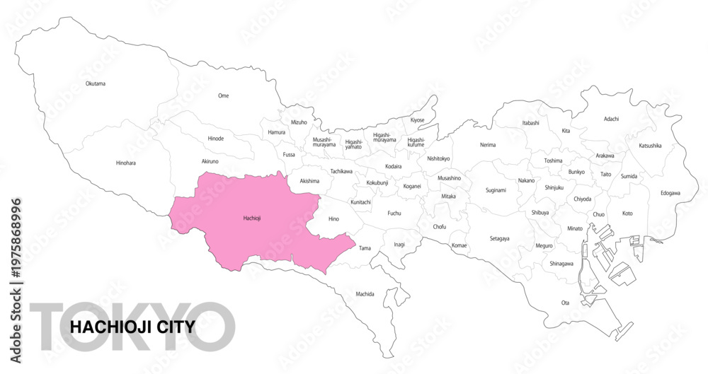 Fototapeta premium [日本地図] 東京都八王子市の市区町村名入り位置地図 (英語)