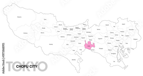 [日本地図] 東京都調布市の市区町村名入り位置地図 (英語)