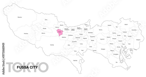 [日本地図] 東京都福生市の市区町村名入り位置地図 (英語)