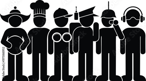 Six stick figures in various occupations and costumes standing in a line