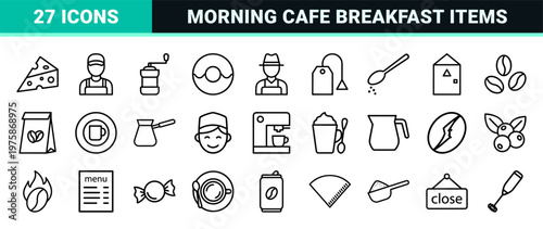 Minimalist coffee and cafe line icon set in thin outline style