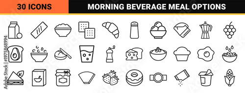 Minimalist breakfast food and morning beverage outline icon set