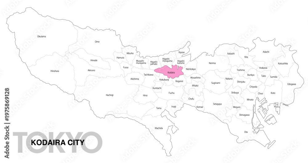 Fototapeta premium [日本地図] 東京都小平市の市区町村名入り位置地図 (英語)
