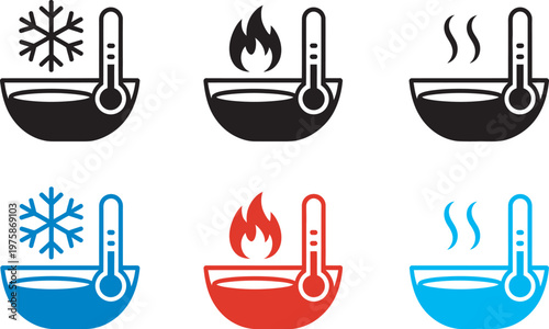 Hot and cold water icon set, still and boiled water symbols, bath temperature indicator, snow fire steam signs, basin thermometer pictogram, warm cool bath concept