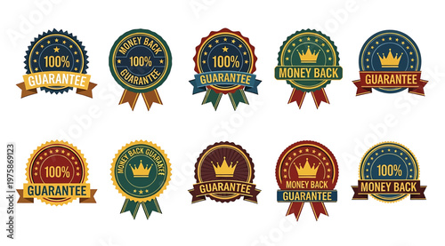 Set of 100% money back guarantee badges and labels in various colors and designs